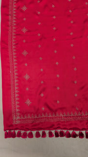 embroidered red tulsi kasuti saree pallu close view